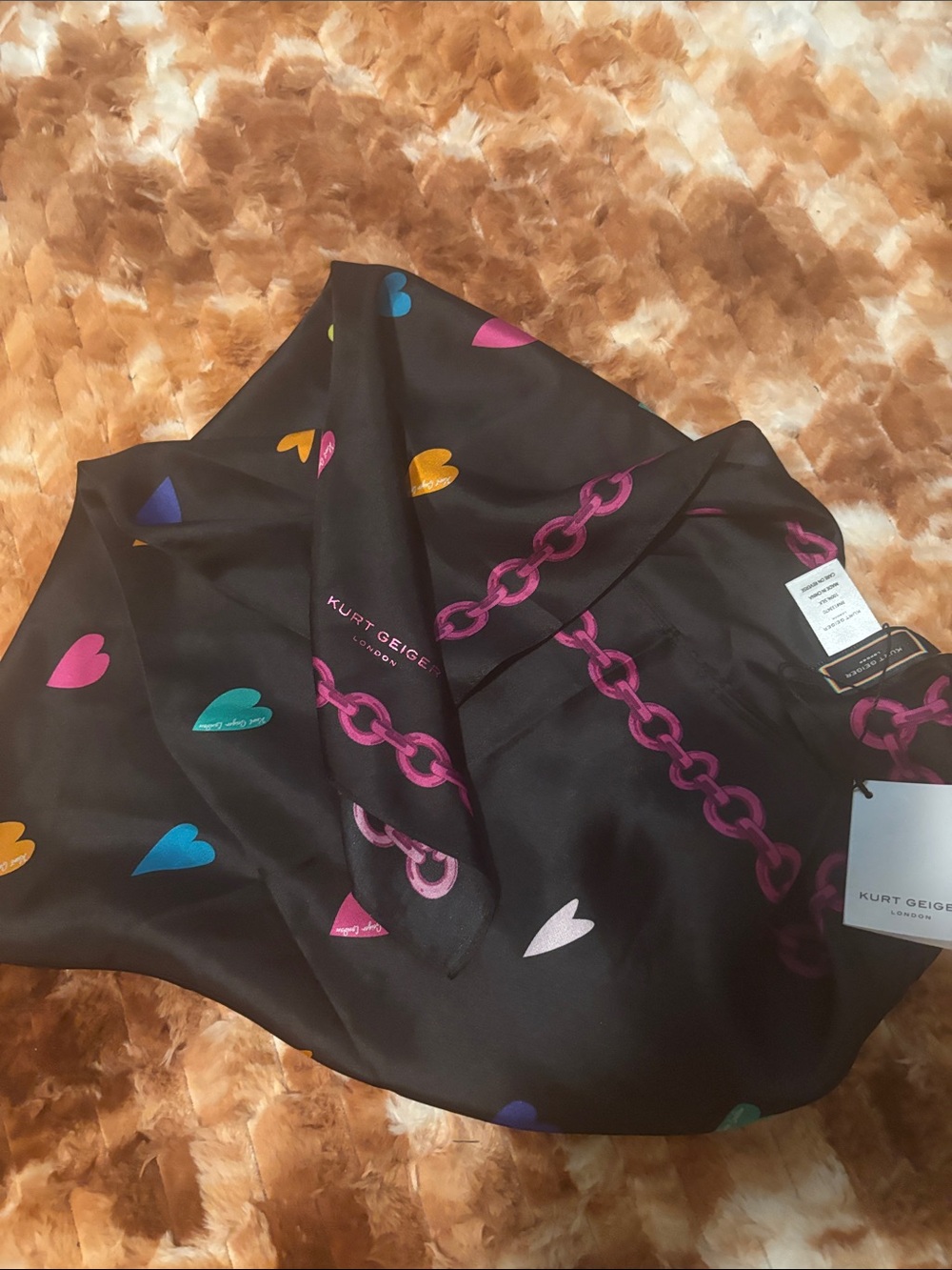 Kurt Geiger Black Silk Heart & Pink Chain Motif Scarf